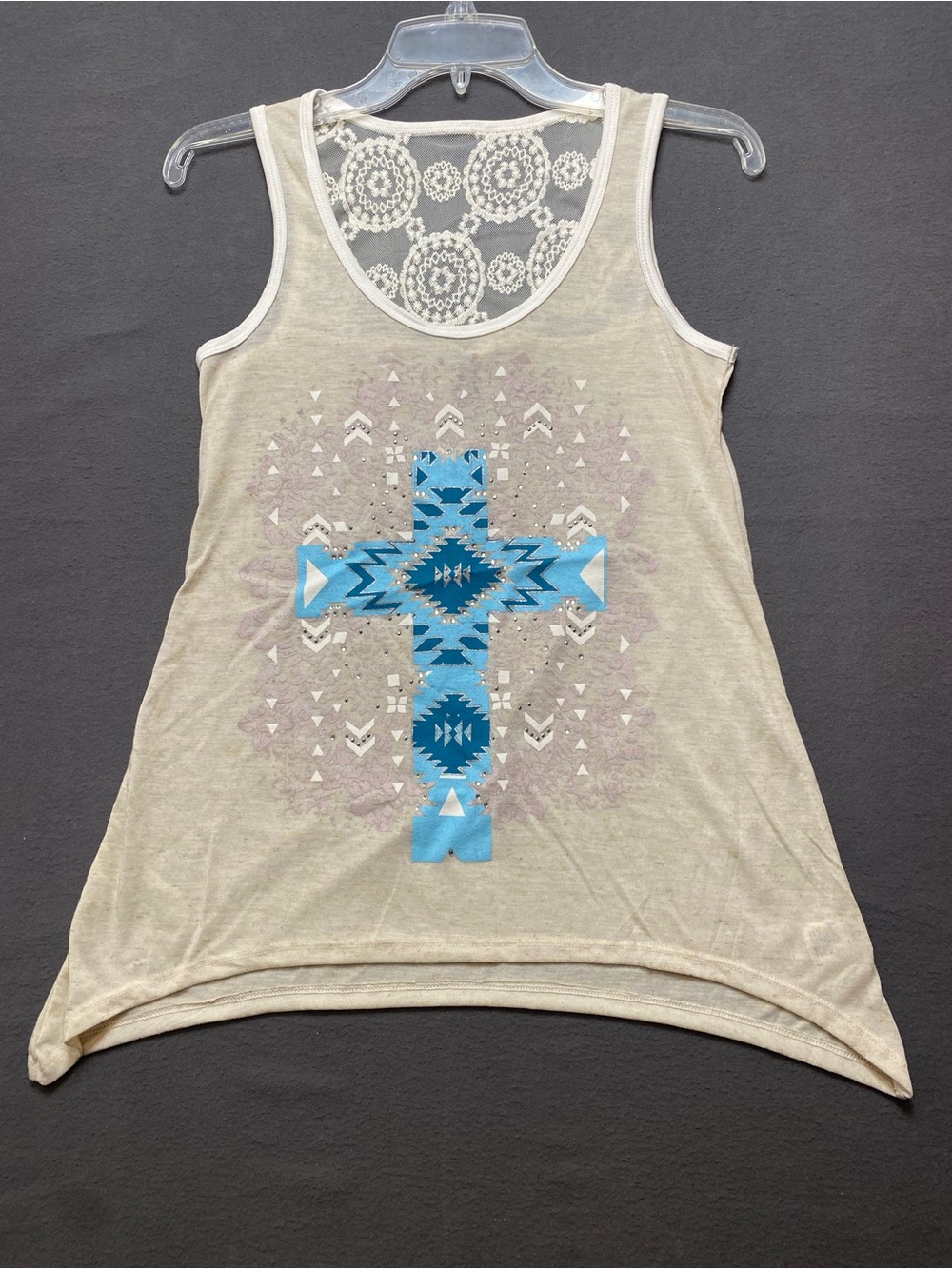 Vanity Women’s Small Cream Tank with Blue Aztec Cross and Lace Back Panel